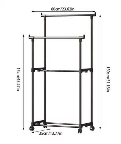 Double-Rod Clothes Rack Clothes Rack With Hooks Hanging Clothe Organizer For Bedroom Movable Bedroom Clothing Hanger With Wheels