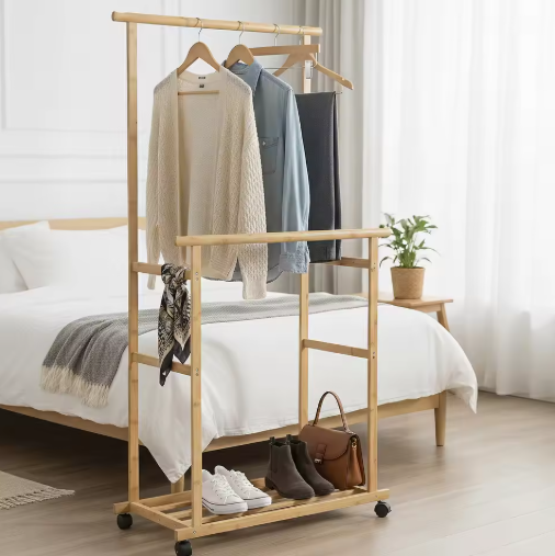 Bamboo Clothes Rack Portable Extra Large Garment Rack Storage Box Shelves For Entryway and Bed Room
