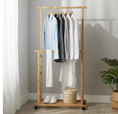 Bamboo Clothes Rack Portable Extra Large Garment Rack Storage Box Shelves For Entryway and Bed Room