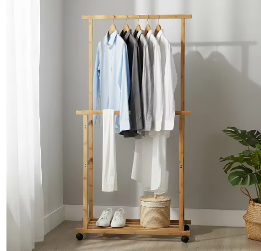 Bamboo Clothes Rack Portable Extra Large Garment Rack Storage Box Shelves For Entryway and Bed Room