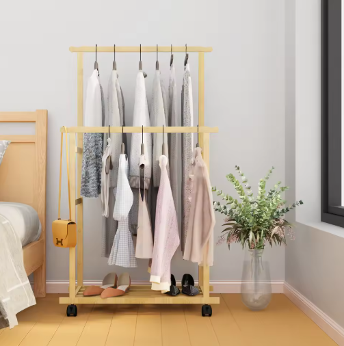 Bamboo Clothes Rack Portable Extra Large Garment Rack Storage Box Shelves For Entryway and Bed Room