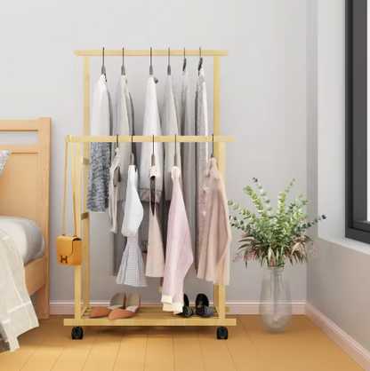 Bamboo Clothes Rack Portable Extra Large Garment Rack Storage Box Shelves For Entryway and Bed Room