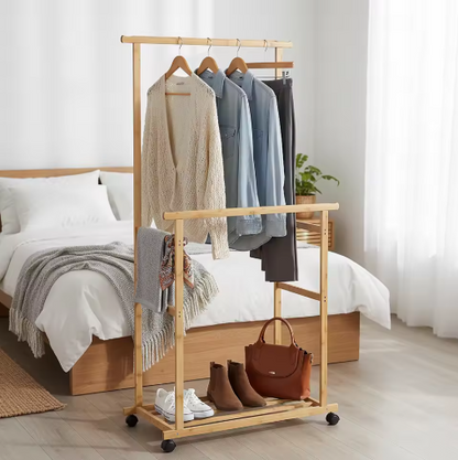 Bamboo Clothes Rack Portable Extra Large Garment Rack Storage Box Shelves For Entryway and Bed Room