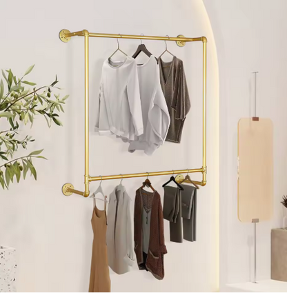 Gold Wall Mounted Garment Rack,Pipe Clothing Rack Rod Garment,Freestanding Shelf Pipeline Vintage Display Rack