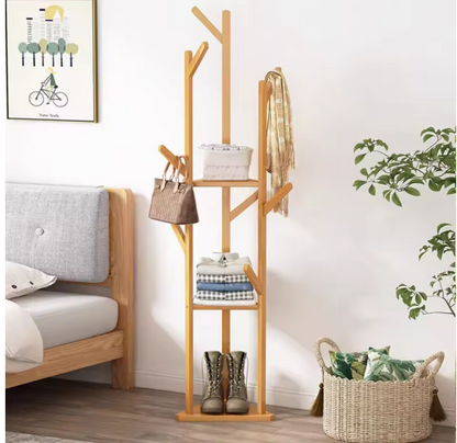 Floor Tree Clothes Coat Hanger Rack Garment Storage Stand with 10 Hanging Hooks and Shelf