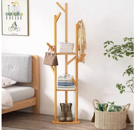 Floor Tree Clothes Coat Hanger Rack Garment Storage Stand with 10 Hanging Hooks and Shelf