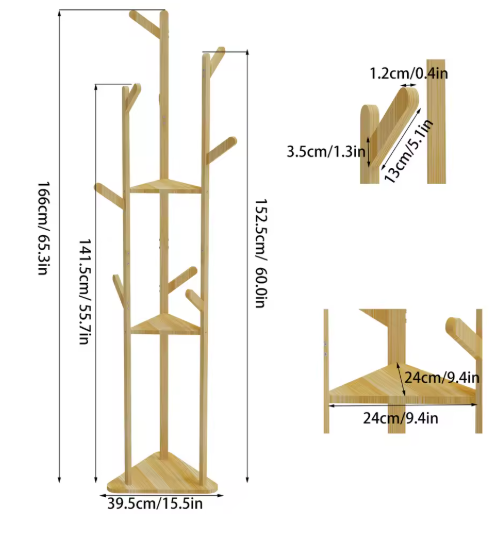 Floor Tree Clothes Coat Hanger Rack Garment Storage Stand with 10 Hanging Hooks and Shelf