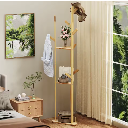 Floor Tree Clothes Coat Hanger Rack Garment Storage Stand with 10 Hanging Hooks and Shelf