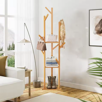 Floor Tree Clothes Coat Hanger Rack Garment Storage Stand with 10 Hanging Hooks and Shelf