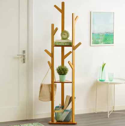 Floor Tree Clothes Coat Hanger Rack Garment Storage Stand with 10 Hanging Hooks and Shelf