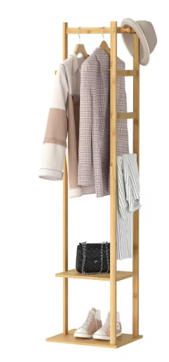 Bamboo Garment Rack, Clothing Rack with 2 Tier Storage Shelves, Wooden Garment Rack, Clothes Hanging Rack, Cloest Organizer
