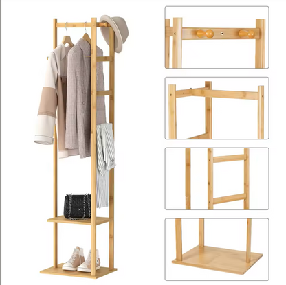 Bamboo Garment Rack, Clothing Rack with 2 Tier Storage Shelves, Wooden Garment Rack, Clothes Hanging Rack, Cloest Organizer