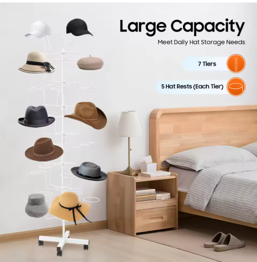 White 64.96 Inch Tall 7-Tier Coat Hat Rack with 35 Hooks, Heavy Duty Rolling Clothing Storage Organizer for Bedroom, Entryway