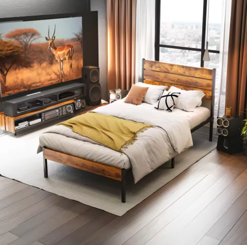 JHK Queen Size Metal Platform Bed Frame with Headboard and Footboard with 800LBS Sturdy Wooden Slats Support For Bed Room Home