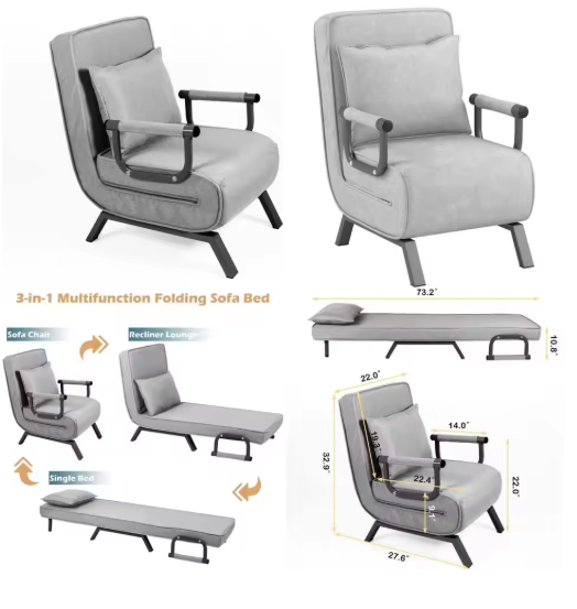Multi-Functional Sofa Bed with Folding Armrests, Adjustable Recliner, and Detachable Cover for Home and Office Use
