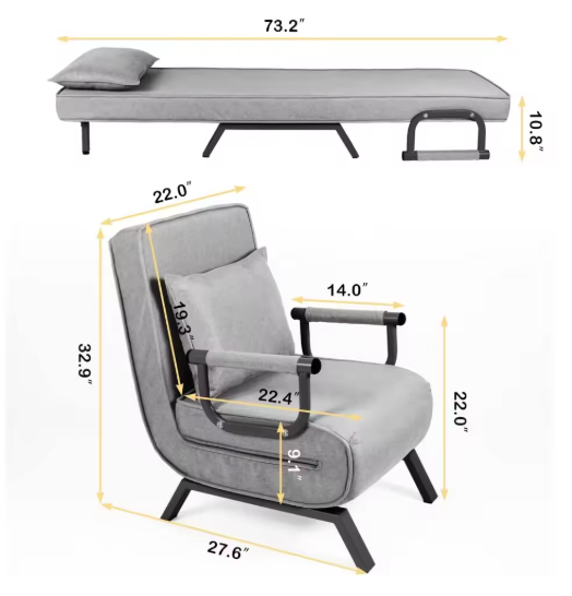 Multi-Functional Sofa Bed with Folding Armrests, Adjustable Recliner, and Detachable Cover for Home and Office Use
