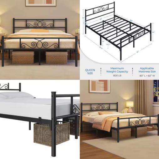 Queen Size 13 Inch Black Metal Classic Bed Frame with Headboard, Mattress Foundation, and Slatted Base