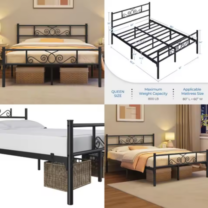 Queen Size 13 Inch Black Metal Classic Bed Frame with Headboard, Mattress Foundation, and Slatted Base