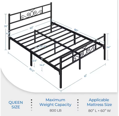 Queen Size 13 Inch Black Metal Classic Bed Frame with Headboard, Mattress Foundation, and Slatted Base