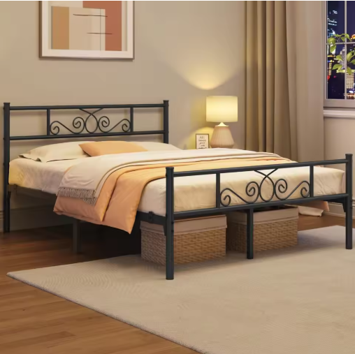 Queen Size 13 Inch Black Metal Classic Bed Frame with Headboard, Mattress Foundation, and Slatted Base