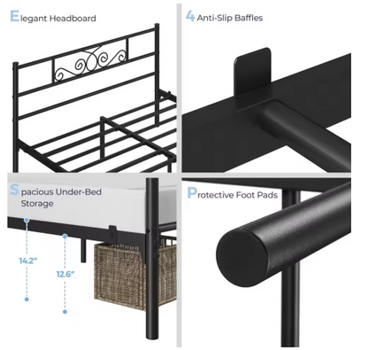 Queen Size 13 Inch Black Metal Classic Bed Frame with Headboard, Mattress Foundation, and Slatted Base