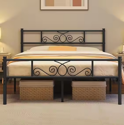 Queen Size 13 Inch Black Metal Classic Bed Frame with Headboard, Mattress Foundation, and Slatted Base