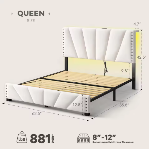 EnHomee Queen Bed Frame with Velvet Headboard and LED Lights, Storage Headboard with Charging Station, Bed Frame Queen Size with