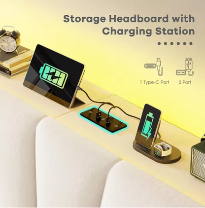 EnHomee Queen Bed Frame with Velvet Headboard and LED Lights, Storage Headboard with Charging Station, Bed Frame Queen Size with