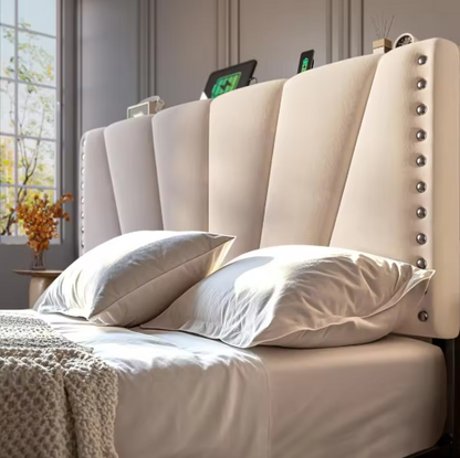 EnHomee Queen Bed Frame with Velvet Headboard and LED Lights, Storage Headboard with Charging Station, Bed Frame Queen Size with