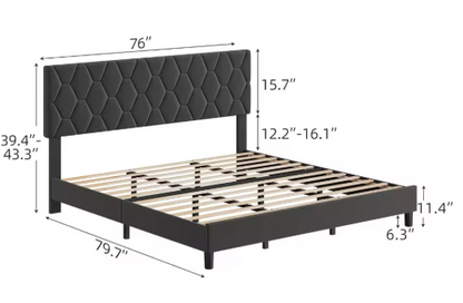 Grey Upholstered Bed Frame with Headboard, Durable Platform Bed with Wood Slats, No Box Spring Needed