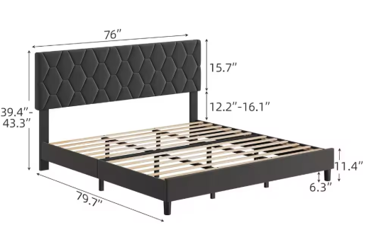 Grey Upholstered Bed Frame with Headboard, Durable Platform Bed with Wood Slats, No Box Spring Needed