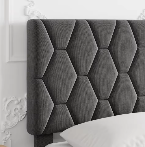 Grey Upholstered Bed Frame with Headboard, Durable Platform Bed with Wood Slats, No Box Spring Needed