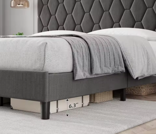 Grey Upholstered Bed Frame with Headboard, Durable Platform Bed with Wood Slats, No Box Spring Needed