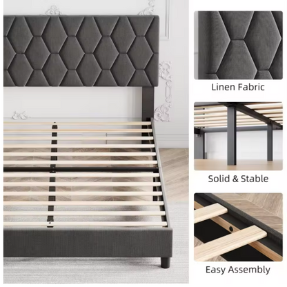 Grey Upholstered Bed Frame with Headboard, Durable Platform Bed with Wood Slats, No Box Spring Needed