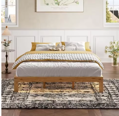 12 Inches Wood Platform Bed Frame, Minimalist Style Mattress Foundation with Solid Rubber Wood, Queen Size Bed Frame with Strong