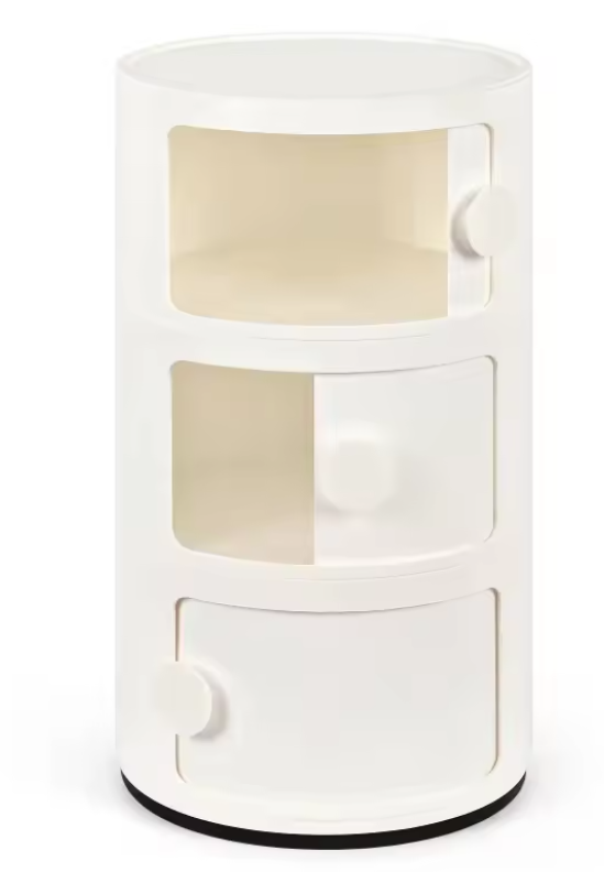 Round Bedside Table 3Tier Plastic Nightstand Storage Unit Chest W/Drawers&Sliding Door Nordic Modern Bedside Cabinet for Bedroom