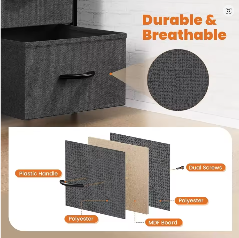 Nightstand with 2 Storage Drawers,Small Bed Side Furniture, Wooden Top Fabric Cabinet Kids Night Stand