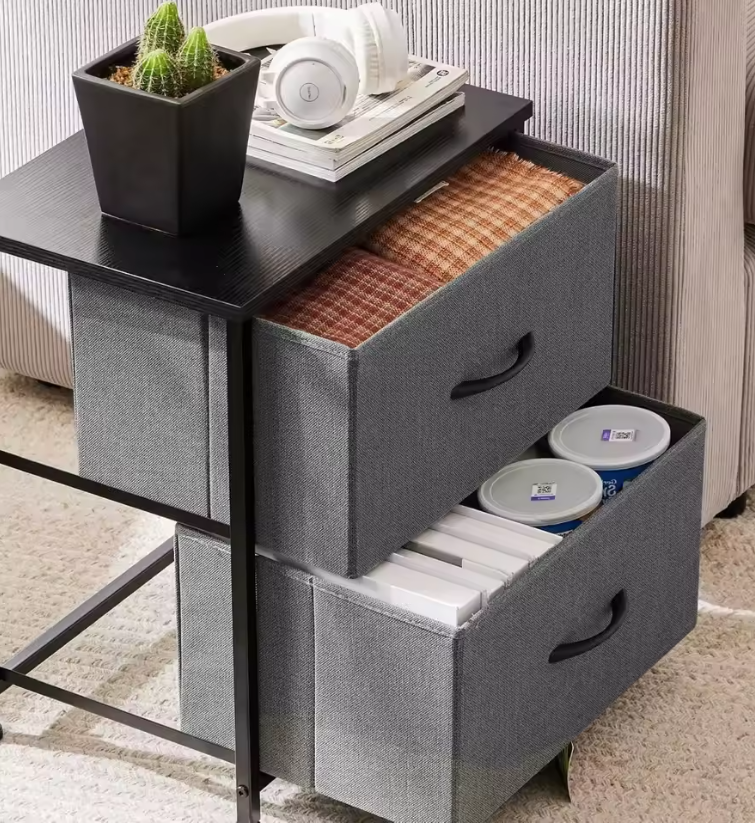 Nightstand with 2 Storage Drawers,Small Bed Side Furniture, Wooden Top Fabric Cabinet Kids Night Stand