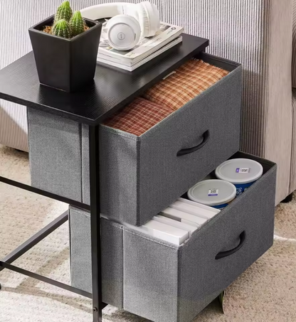 Nightstand with 2 Storage Drawers,Small Bed Side Furniture, Wooden Top Fabric Cabinet Kids Night Stand