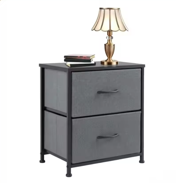Nightstand with 2 Storage Drawers,Small Bed Side Furniture, Wooden Top Fabric Cabinet Kids Night Stand