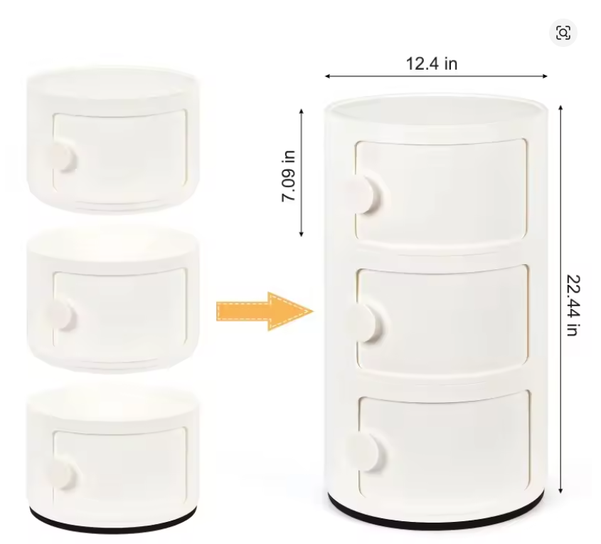 Round Bedside Table 3Tier Plastic Nightstand Storage Unit Chest W/Drawers&Sliding Door Nordic Modern Bedside Cabinet for Bedroom