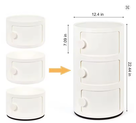 Round Bedside Table 3Tier Plastic Nightstand Storage Unit Chest W/Drawers&Sliding Door Nordic Modern Bedside Cabinet for Bedroom