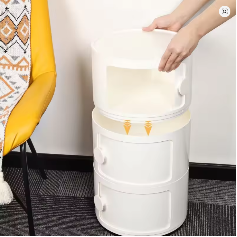 Round Bedside Table 3Tier Plastic Nightstand Storage Unit Chest W/Drawers&Sliding Door Nordic Modern Bedside Cabinet for Bedroom