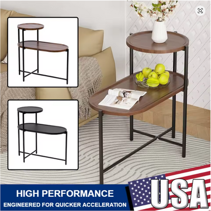 2-Tier End Table Round and Oval Sofa Side Table Overbed Bedside Table for Patio and Living Room Bedroom Medical Food Tray Table