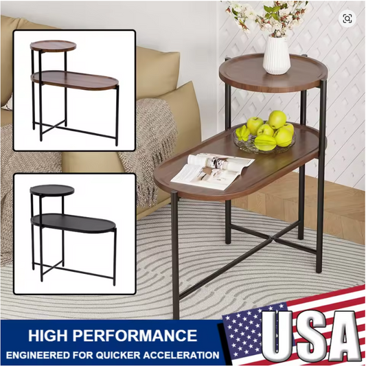 2-Tier End Table Round and Oval Sofa Side Table Overbed Bedside Table for Patio and Living Room Bedroom Medical Food Tray Table