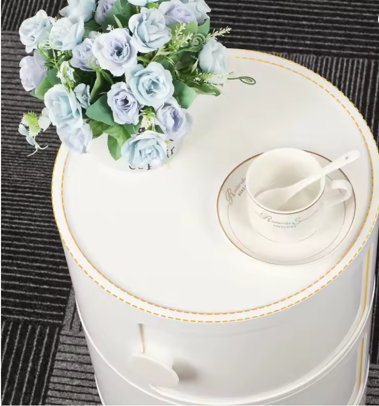 Round Bedside Table 3Tier Plastic Nightstand Storage Unit Chest W/Drawers&Sliding Door Nordic Modern Bedside Cabinet for Bedroom