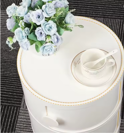 Round Bedside Table 3Tier Plastic Nightstand Storage Unit Chest W/Drawers&Sliding Door Nordic Modern Bedside Cabinet for Bedroom