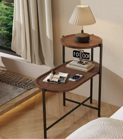 2-Tier End Table Round and Oval Sofa Side Table Overbed Bedside Table for Patio and Living Room Bedroom Medical Food Tray Table