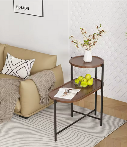 2-Tier End Table Round and Oval Sofa Side Table Overbed Bedside Table for Patio and Living Room Bedroom Medical Food Tray Table