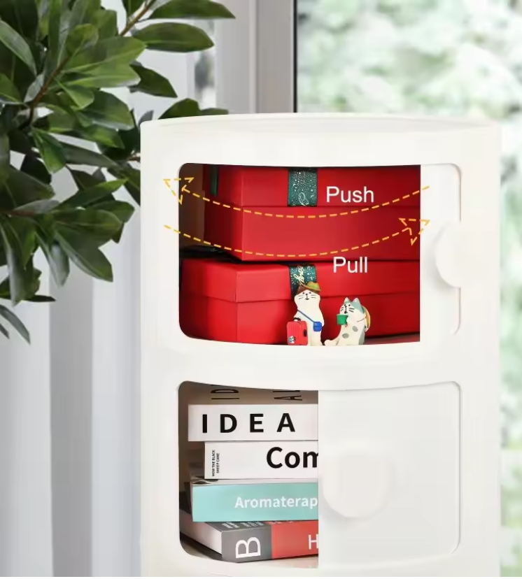 Round Bedside Table 3Tier Plastic Nightstand Storage Unit Chest W/Drawers&Sliding Door Nordic Modern Bedside Cabinet for Bedroom